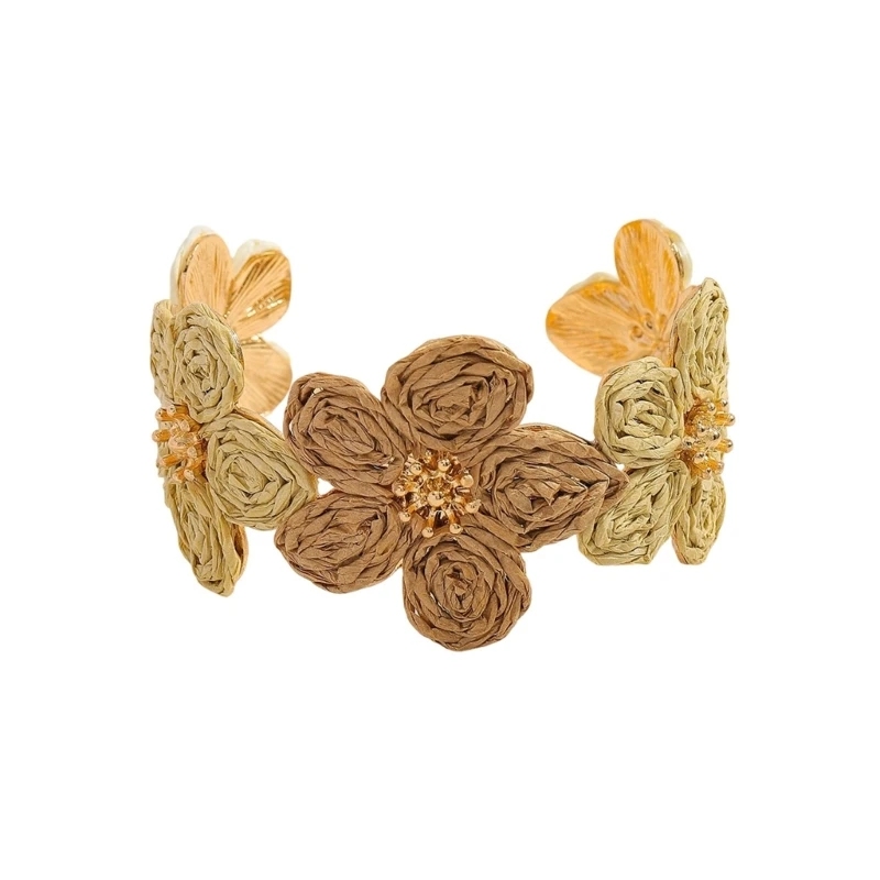 E0BF Handmade Raffia Flower Alloy Bracelet Bohemian Adjustable Wrist Jewelry