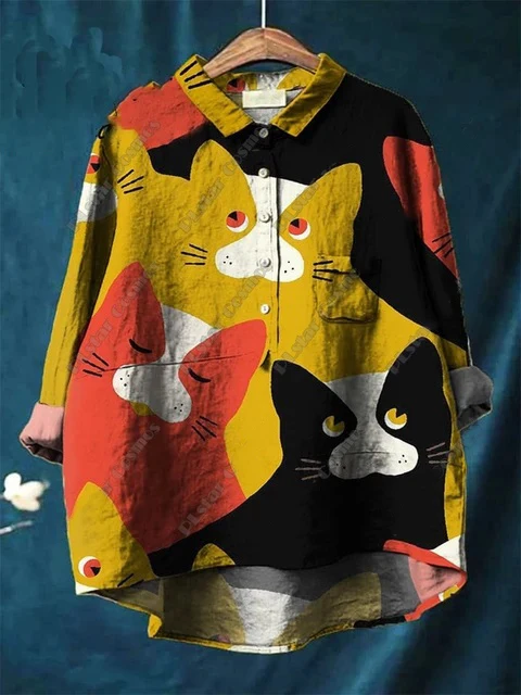 Nuevos estampados de animales florales retro y lindos impresos en 3D para damas entretenidos, informales y sueltos con botones para la moda de las señoras