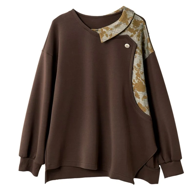 Felpa stile scozzese jacquard da donna nella primavera e nell'autunno 2025 Nuovo top ampio e versatile che copre la pancia