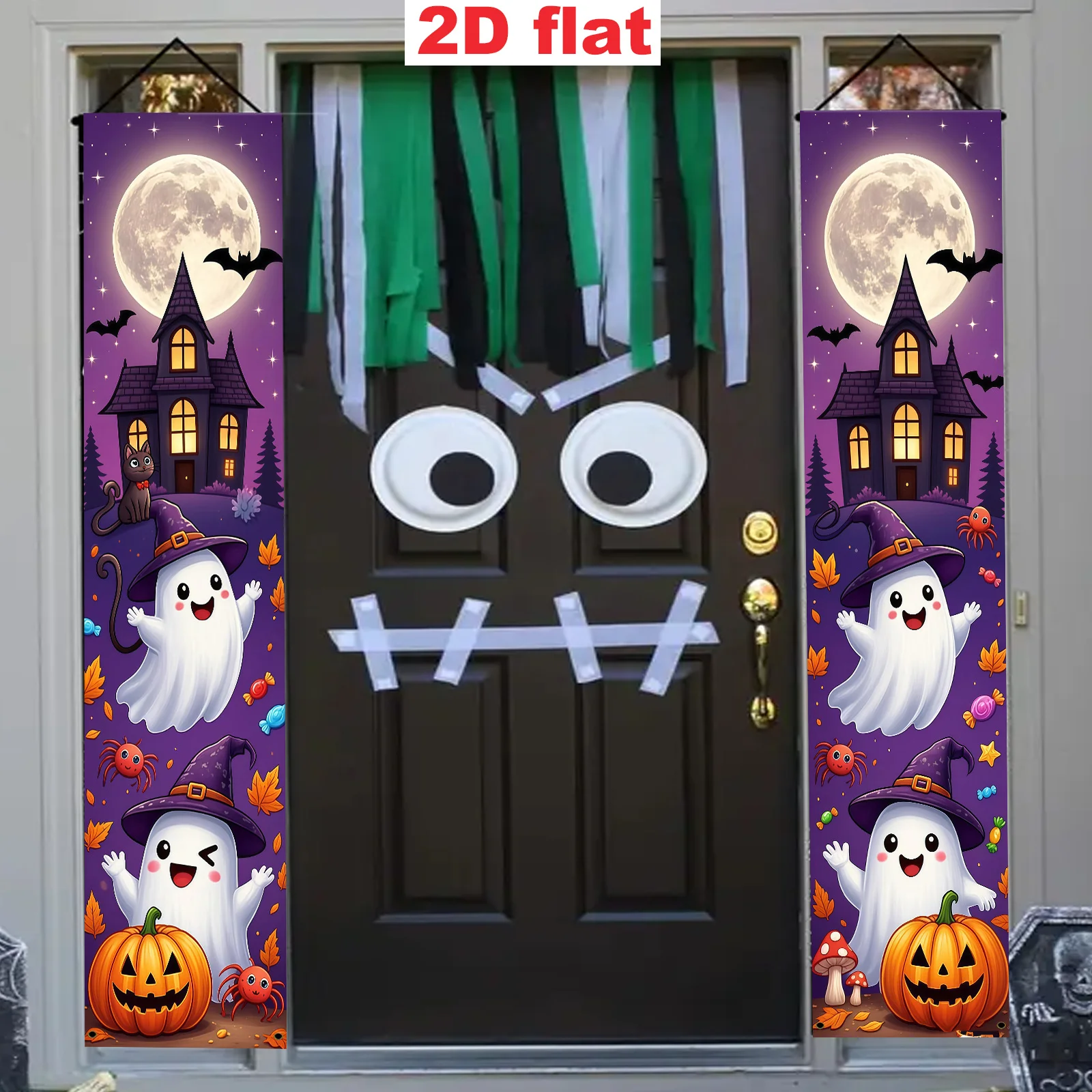 2D flat banner 【Party banner, flag/banner】 Two pieces, made of polyester, featuring Halloween-themed cartoon vertical coupletsZL