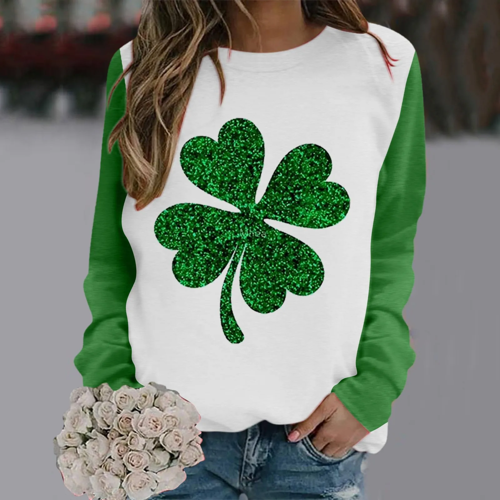 

St. Patrick's Day Women Long Sleeve T-Shirts Spring Autumn Crewneck Clovers Graphic Patchwork Tees Top 2024 Versatile Sudaderas