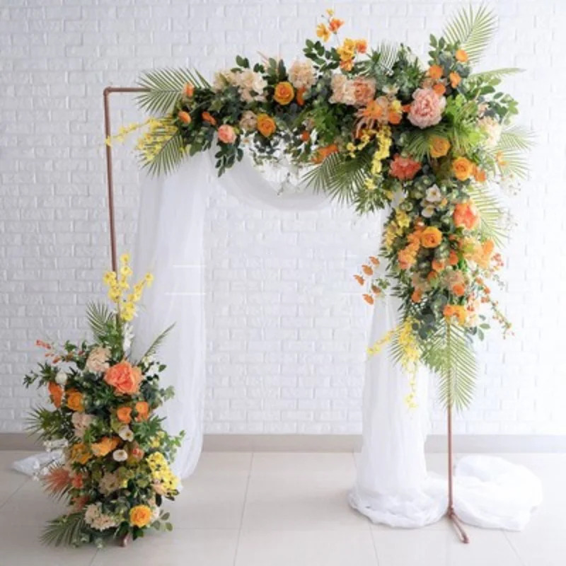 Orange Wedding Arch Flower Row, Yellow Corner Backdrop, Wall Scene Layout, Silk Arrangement, Decoration Props