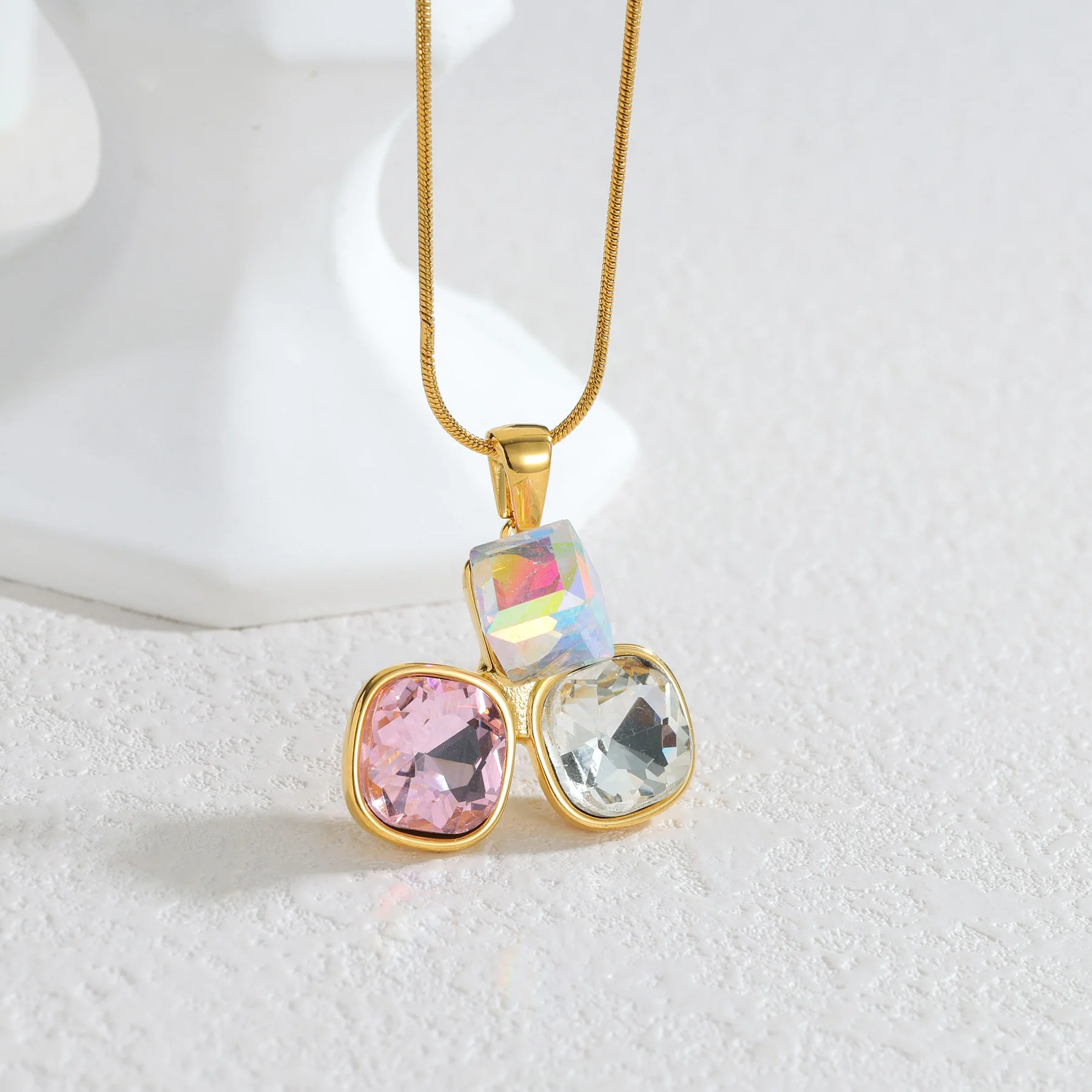 365 Multiple Styles Geometric Square Zircon Necklace Earring Ring Stainless Steel for Women Party Daily Wear Set Jewelry Gifts