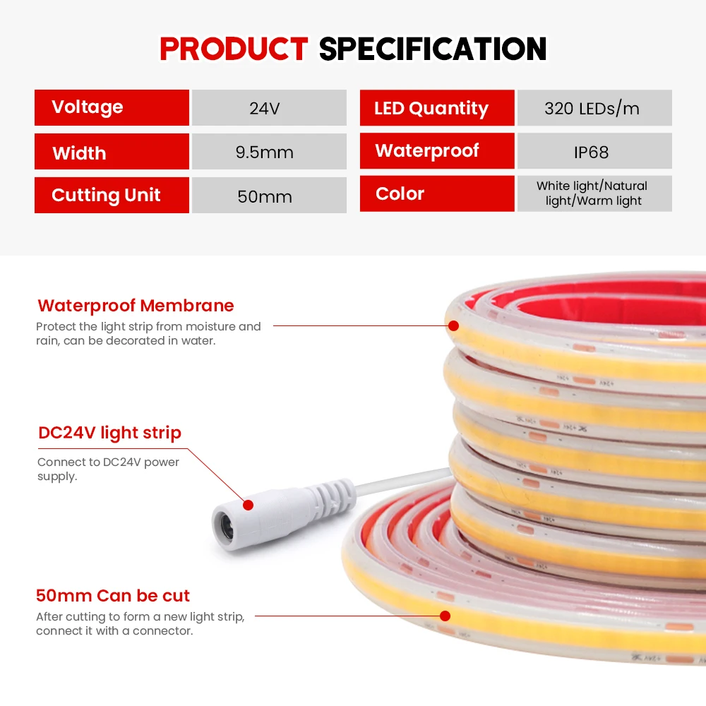 IP68 Waterproof COB Strip 12V 24V 1M 10M 20M 320Leds/M RA90 3000K 4000K 6000K High Density Flexible Ribbon Rope LED Light