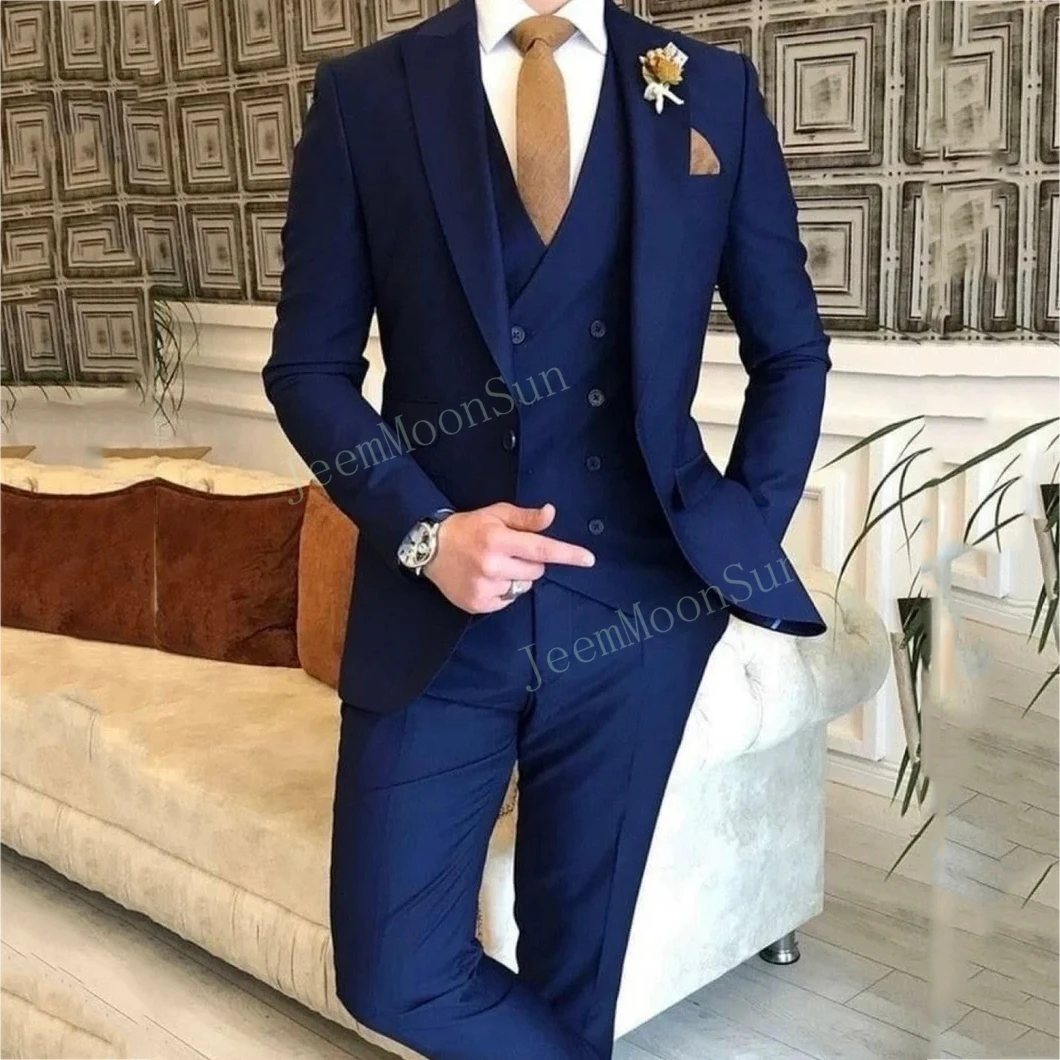 

Peak Lapel 2025 Navy Suit For Men Wedding Suit Slim Fit One Button Business Formal Blazer Vest Pants Tailor Made Costume Homme
