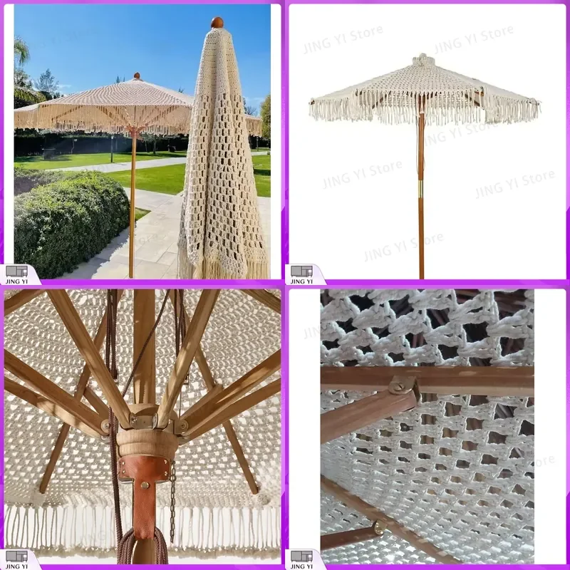 3ft Wooden Beach Umbrella with Handmade Tassels Macrame Fringe Canopy UV Protection Outdoor Sun Shade Garden Patio Poolside