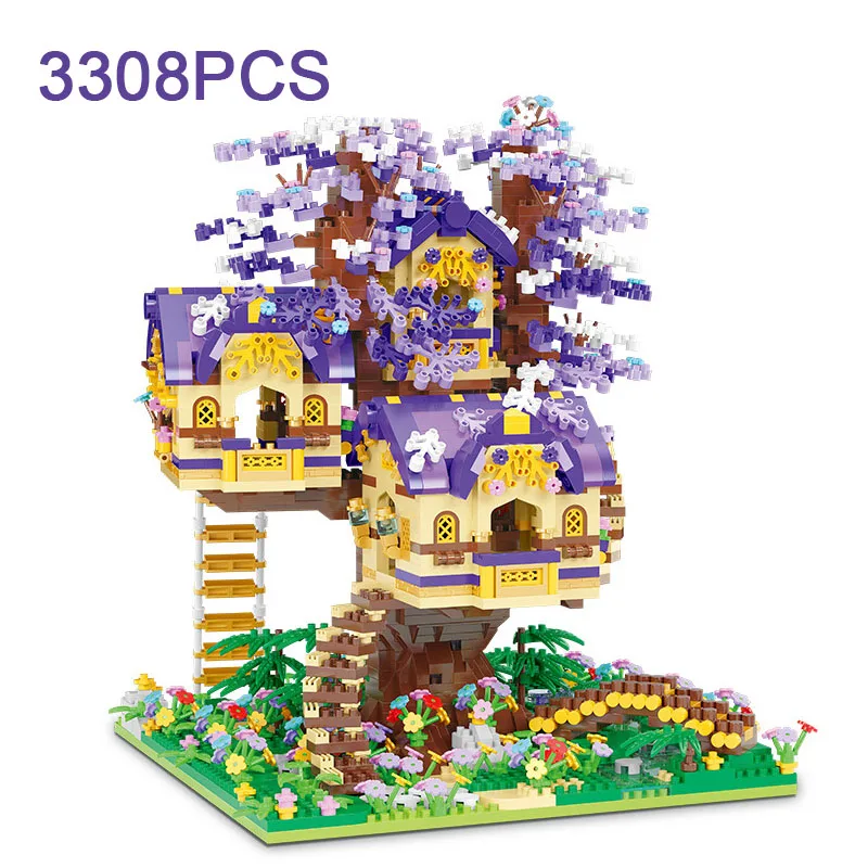 3308PCS Elf Sakura Tree House Building Blocks Forest Cabin Bridge Garden Architecture Model Micro Assemble Bricks Toys For Kids