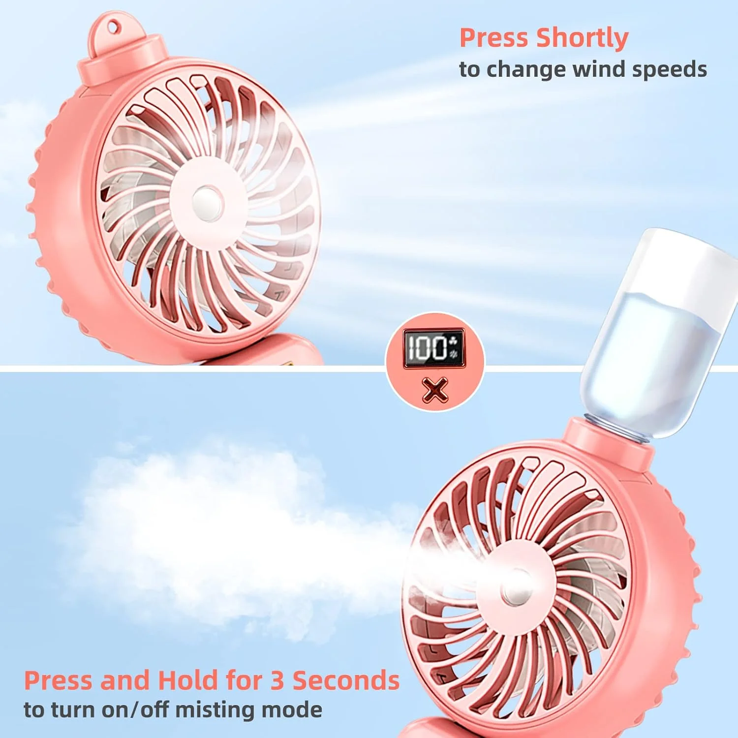 Handheld Fan Portable Misting Fan, Rechargeable Personal Mister Fan with 5 Speeds  Battery Operated Fan with Mist, LED Display,