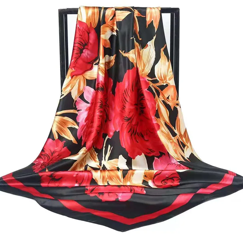 Women Foulard Elegant Luxury Brand Square Bandana Scarf Shawl Silk Feeling Satin Female Hijab Lady Wrap Kerchief 90cm