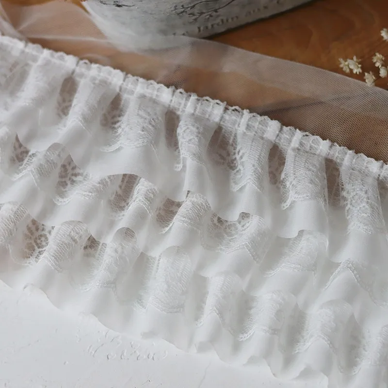 1Yards 12cm Wide Black White Mesh Tulle Lace Three Laminated Wrinkle Lace Trim Applique Ribbon for Sewing Dress Hemline Material