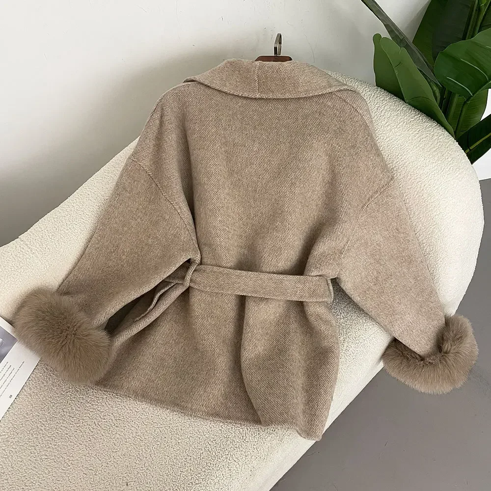 Autumn Winter Jacket Wool Coat Fashion Office Lady Real Natural Women Loose Warm Detachable Natural Oversized Fox Fur Cuffs