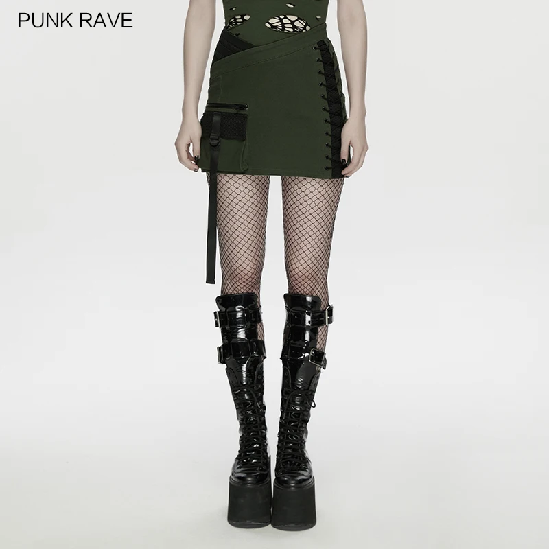 PUNK RAVE Women's Cyberpunk Heterogeneous Asymmetrical Bodycon Skirt Personalized Metal Eyelet Drawstring Mini Skirts Two Colors