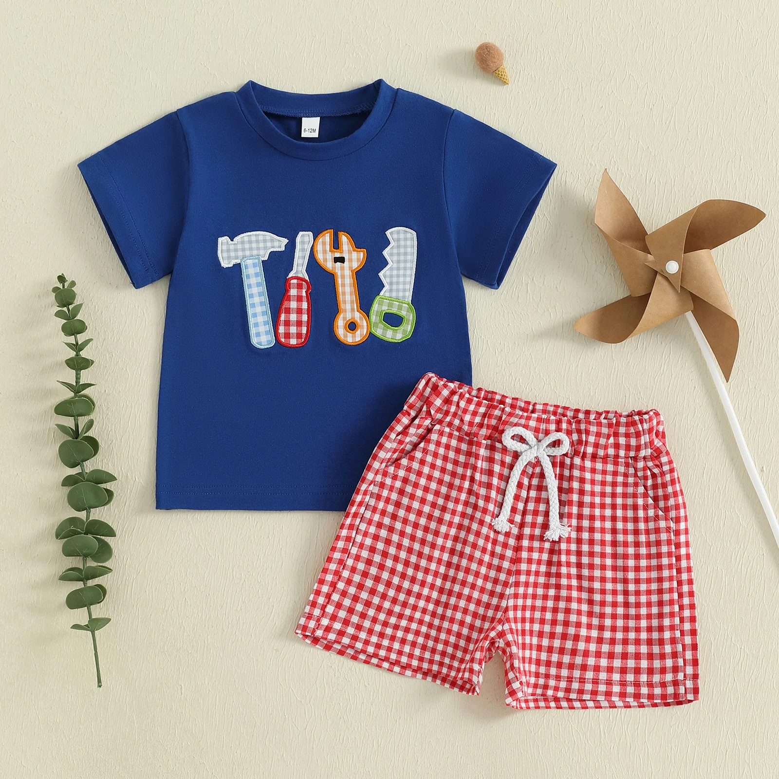 Baby Boys Summer Outfits Tool Embroidery Short Sleeves T-Shirt and Elastic Plaid Shorts Set for 2 Piece Clothes Set