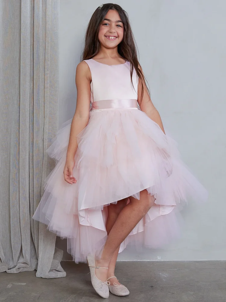 

Pink Flower Girl Dresses Tulle Satin Tiered With Bow Ribbon High-low Skirt Sleeveless For Wedding Birthday First Communion Gowns