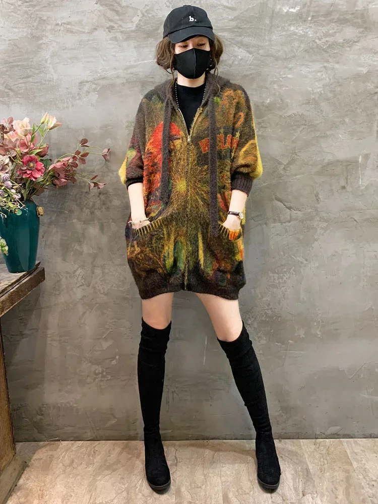 Max LuLu 2024 Winter Knitwear Womens Printed Hooded Cardigans Ladies Casual Fashion Warm Vintage Luxury Loose Classic Sweaters