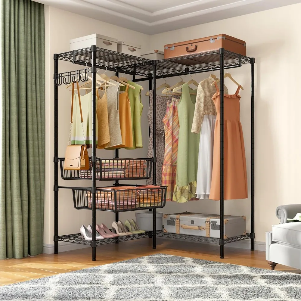 

L-shaped heavy-duty hanger with 4 adjustable shelves and sliding basket, independent hanger metal wardrobe hanger