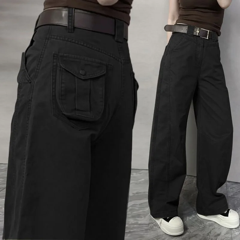 Spring Female Pocket Wide Leg Trousers Autumn Women Fashion High Waist Straight Pants Retro Ladies High-end Patchwork Pantalons