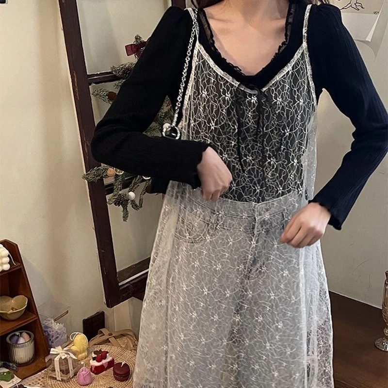 สั้นบาง SHEER ลูกไม้ตาข่ายสีขาว SLIP Dress ผู้หญิงเกาหลีสไตล์แฟชั่น COVER UPS ฤดูร้อนน่ารักโปร่งใสแขนกุดชุด
