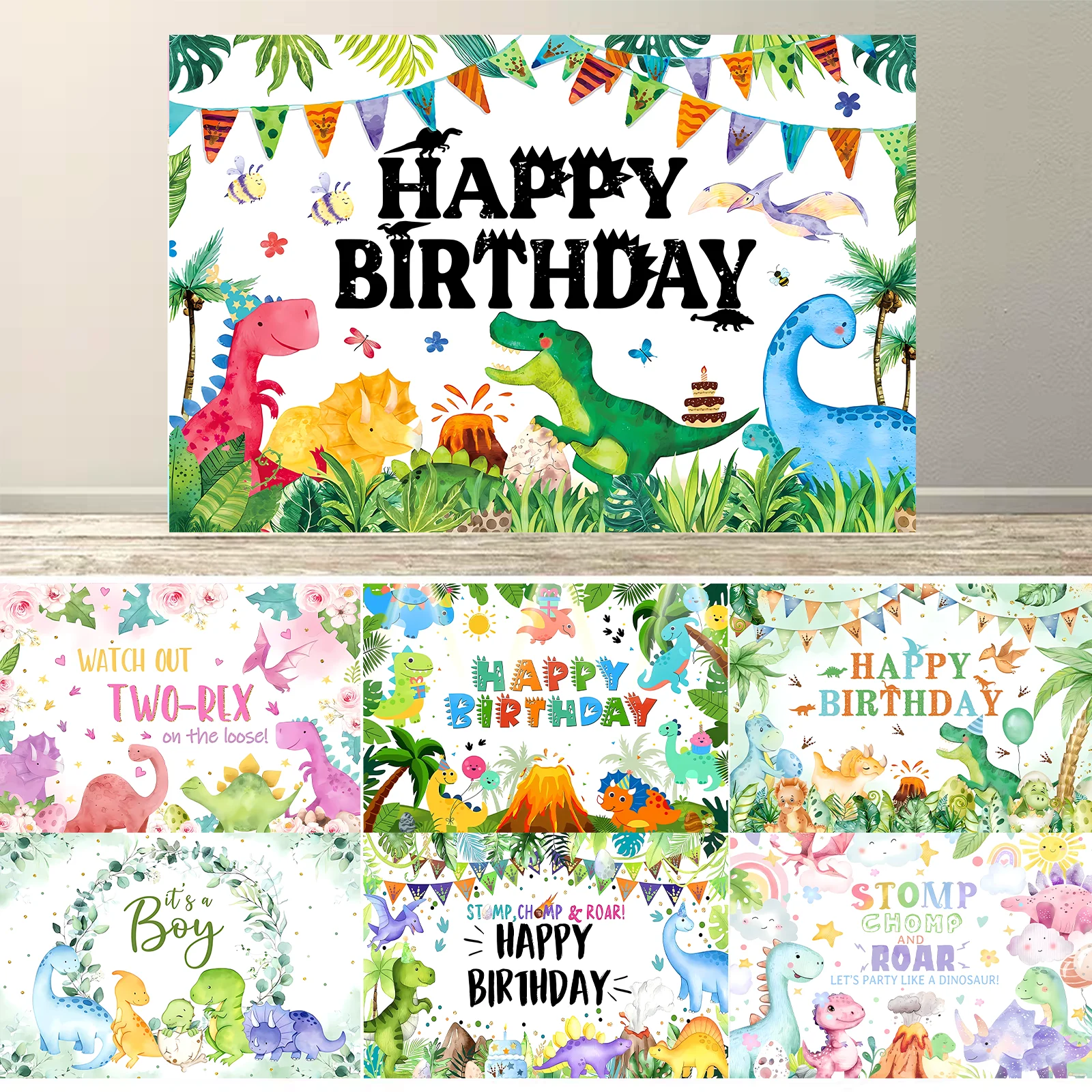 A Cute Dinosaur-themed Birthday Background Cloth Vibrant Decoration for Unforgettable Memories, Customizable Background ﻿