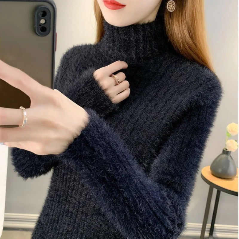 Sweater Dress Women\'s Outside Wear Fashion Slim Long Turtleneck Knitted Sweater Autumn Winter Warm Mink Velvet Knitte Base Dress