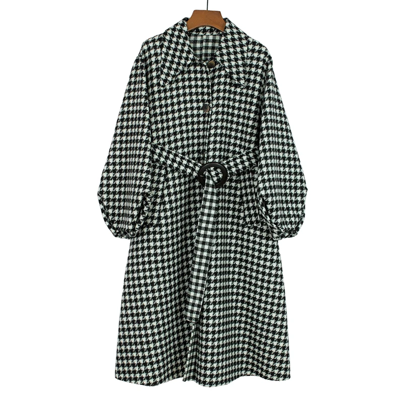 

New Plaid Women 100% Wool Double-sided Coat Long Fashion Lapel Long Sleeve Thick Woolen Jacket Loose Tie Female Clothing Winter