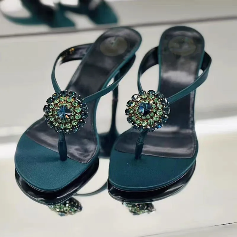 

Leather Rhinestones Flowers Decor Summer Shiny Filp Flops Women Open Toe Crystal Floral Mule Sandals Women High Heel Shoes