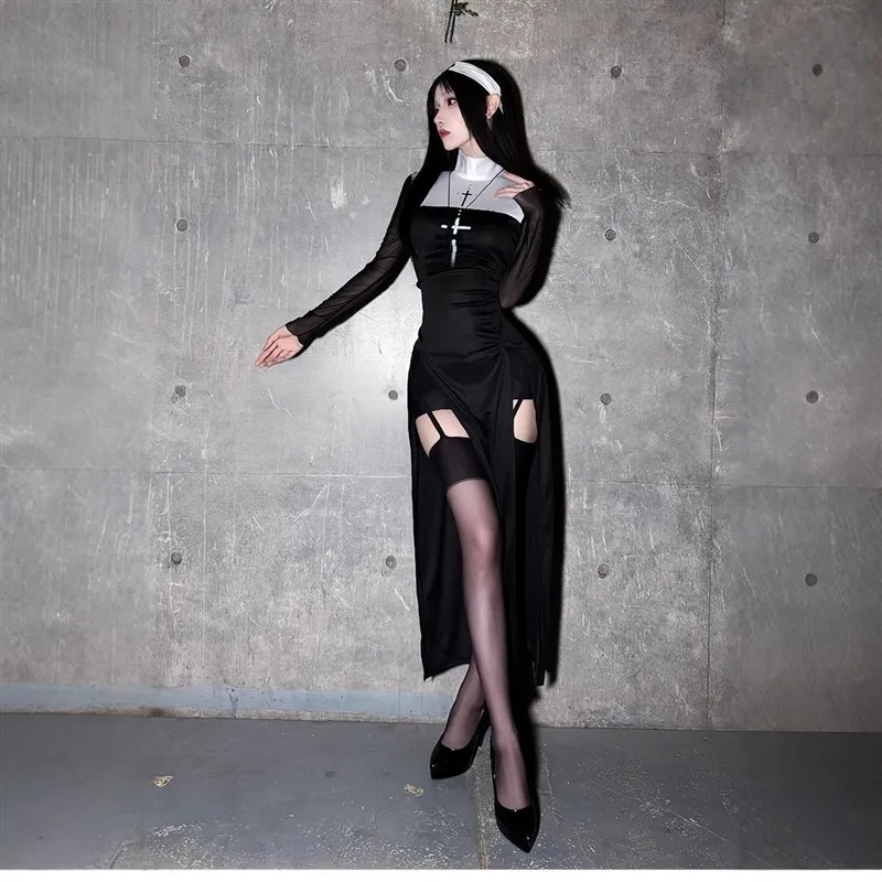 

Sexy Nun Costume Cross Nurse Gothic Dark Cosplay Roleplay Halloween Adult Women's Traditional Ethnic Stage Performance Clothes