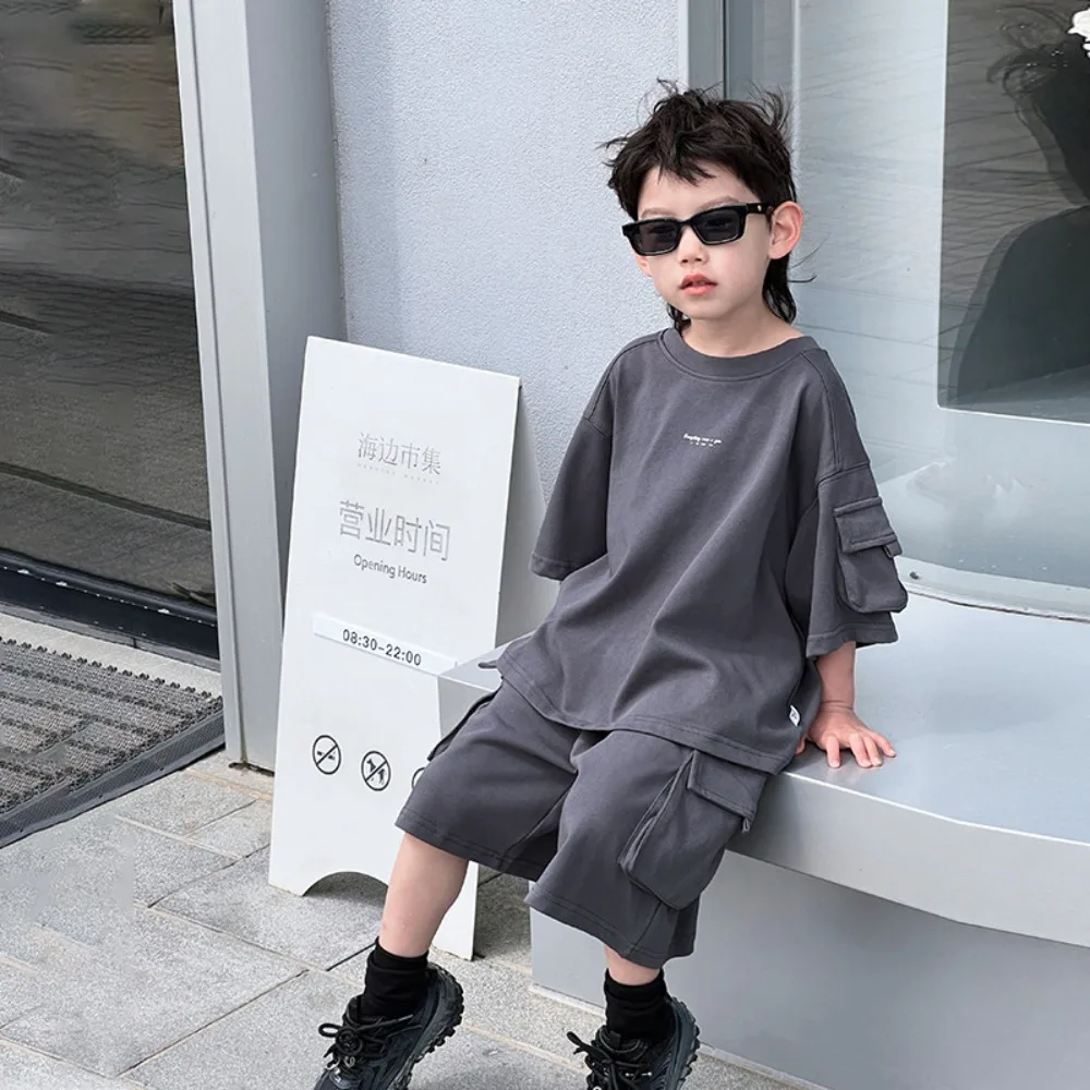 

Boys Set Korea Style 2024 Summer New Solid Color T Shirt Shorts Loose Casual Two Piece Handsome Fashion Kids Summer Clothes