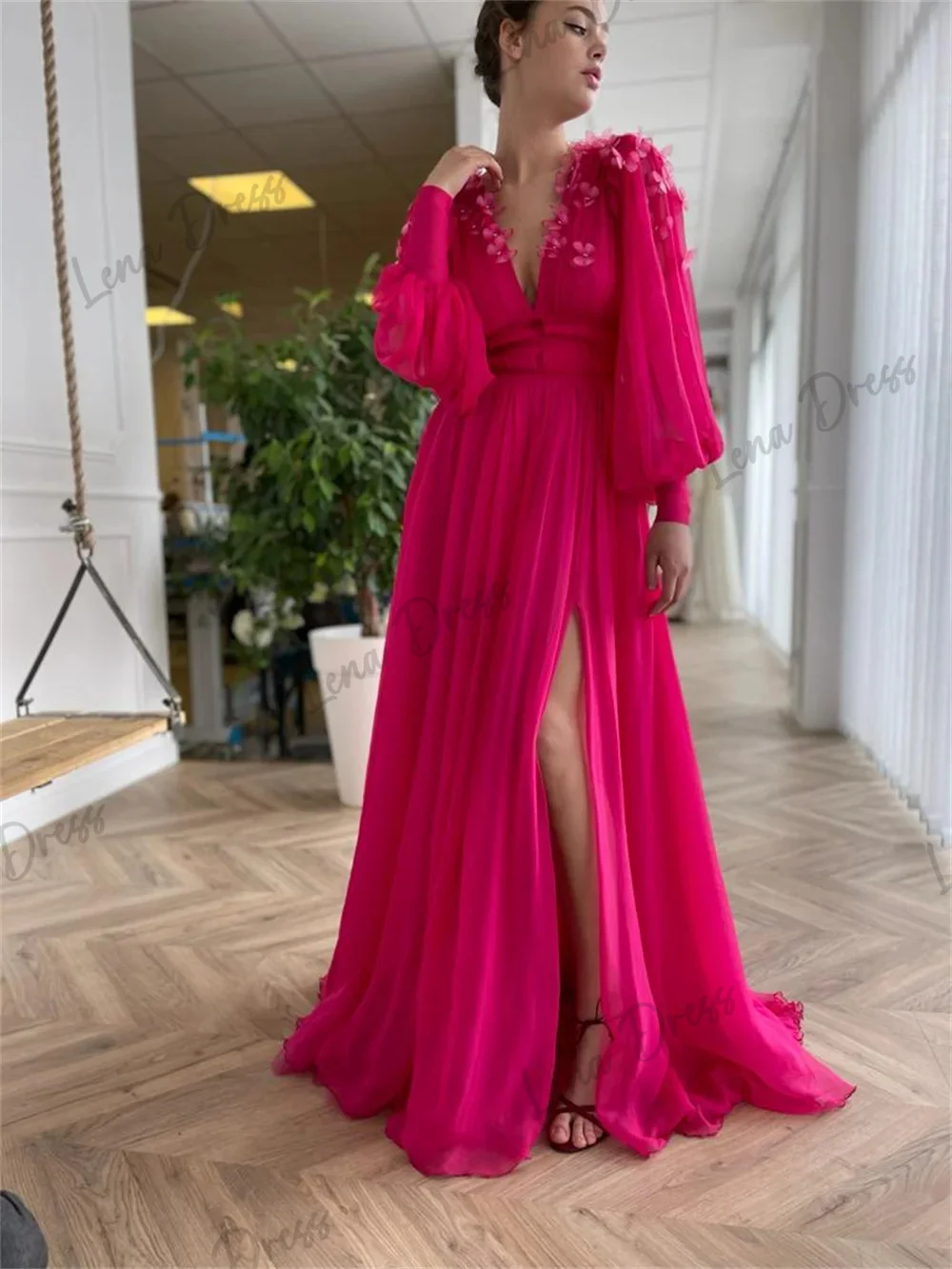 Lena V-neck Evening Dresses Woman Elegant Party Dresses 2024 for Wedding Dress Long Sleeves Line A Red Side Slit