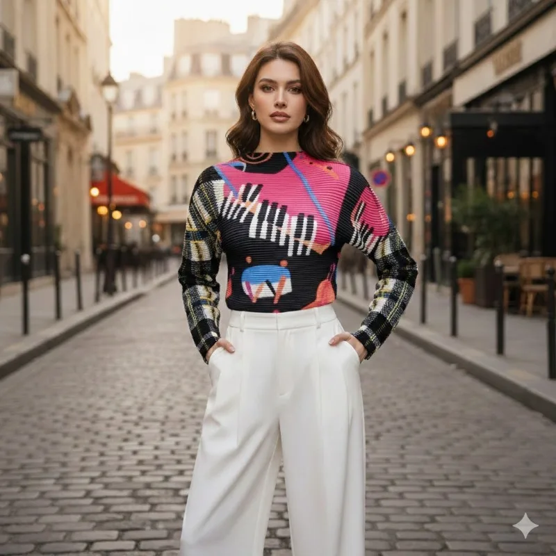 

Miyake Pleated T-shirt 2026 Spring Fall New Printing Long-sleeved Fashion T-shirt Pleats Slim Casual Loose Plus Size Tops Women