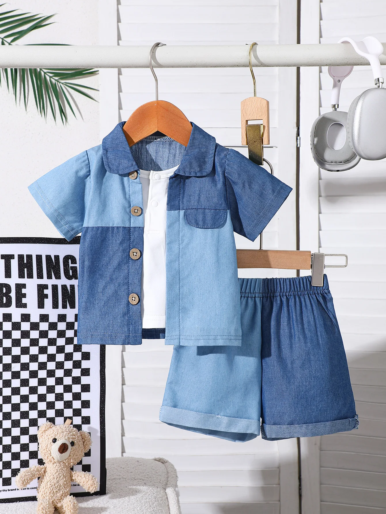 

IURNXB, 2 шт., летний комплект одежды для маленьких мальчиков: джинсовая рубашка с короткими рукавами и имитацией двухслойности + джинсовые шорты, комплект одежды для малышей 1-3 лет