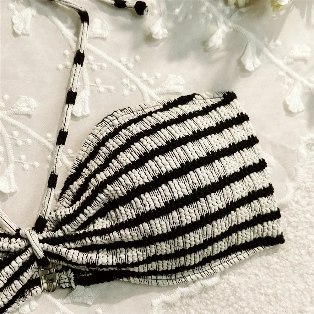 Striped Print String Halter Bandeau Bikinis Sets 2025 Sexy Swimsuit Women Ruched Swimwear Bathing Suit Brazilian Bikini Mujer