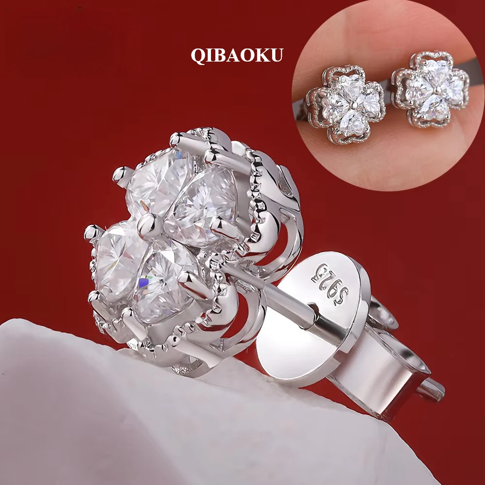 QIBAOKU 3mm Heart Moissanite Stud Earrings S925 Sterling Silver Clover Diamonds Ear Studs for Women Wedding Gifts Jewelry 2026
