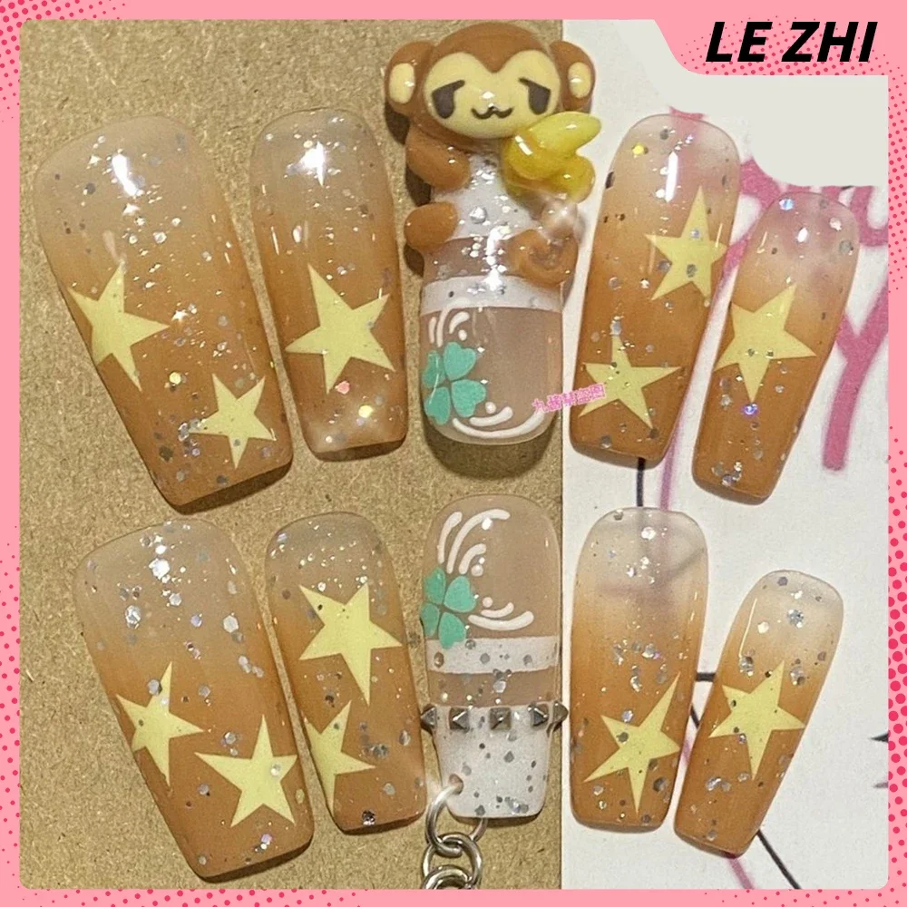 

10Pcs Y2K Cartoon 3D Monkey Banana Square Handmade Fake Nails Shining Star Four-Leaf Clover Full Cover Wearable Nail