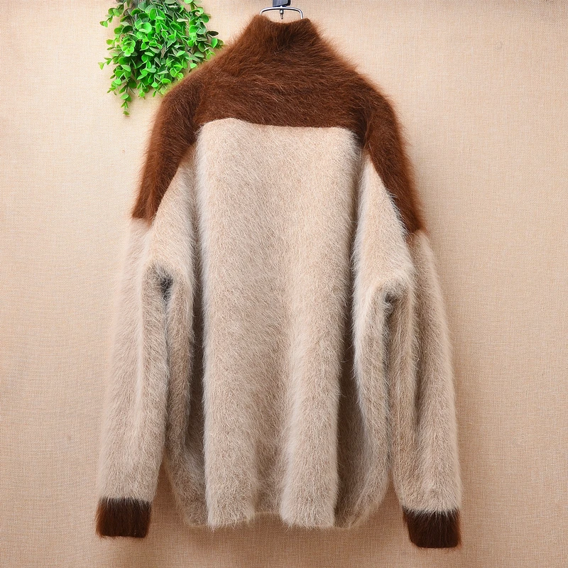 Ladies Women Spring Autumn Clothing Colored Hairy Angora Rabbit Hair Knitted Long Sleeves Turtleneck Loose Pullover Sweater Pull