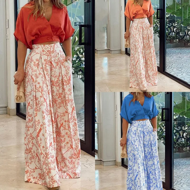 Solid Color V-neck Short Sleeved Top And Floral Print Wide Leg Pants Two Piece Set Women's Fashion Daily Versatile Summer Set