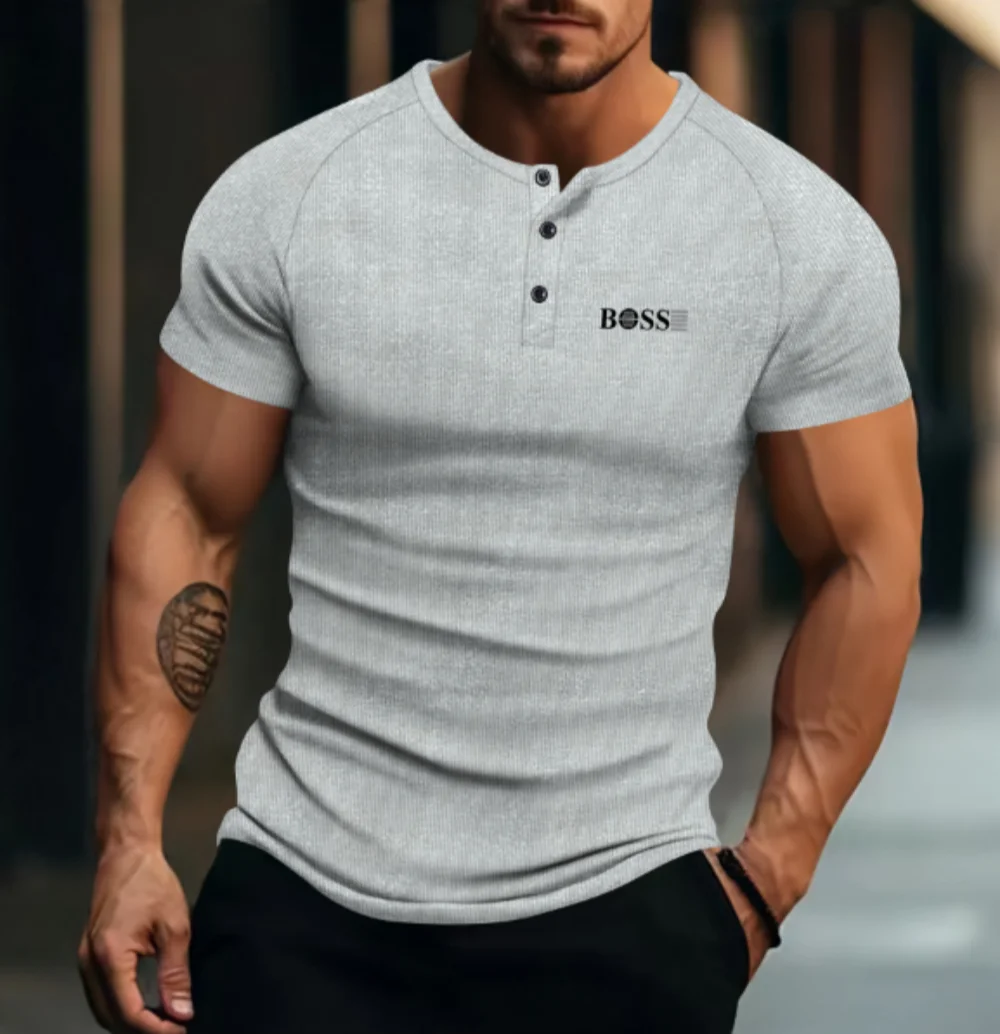 

2025 Summer New Style Fashion Sport Short-Sleeved Fitness Shirt for Men, Solid Color Buttoned Print Polo Shirt