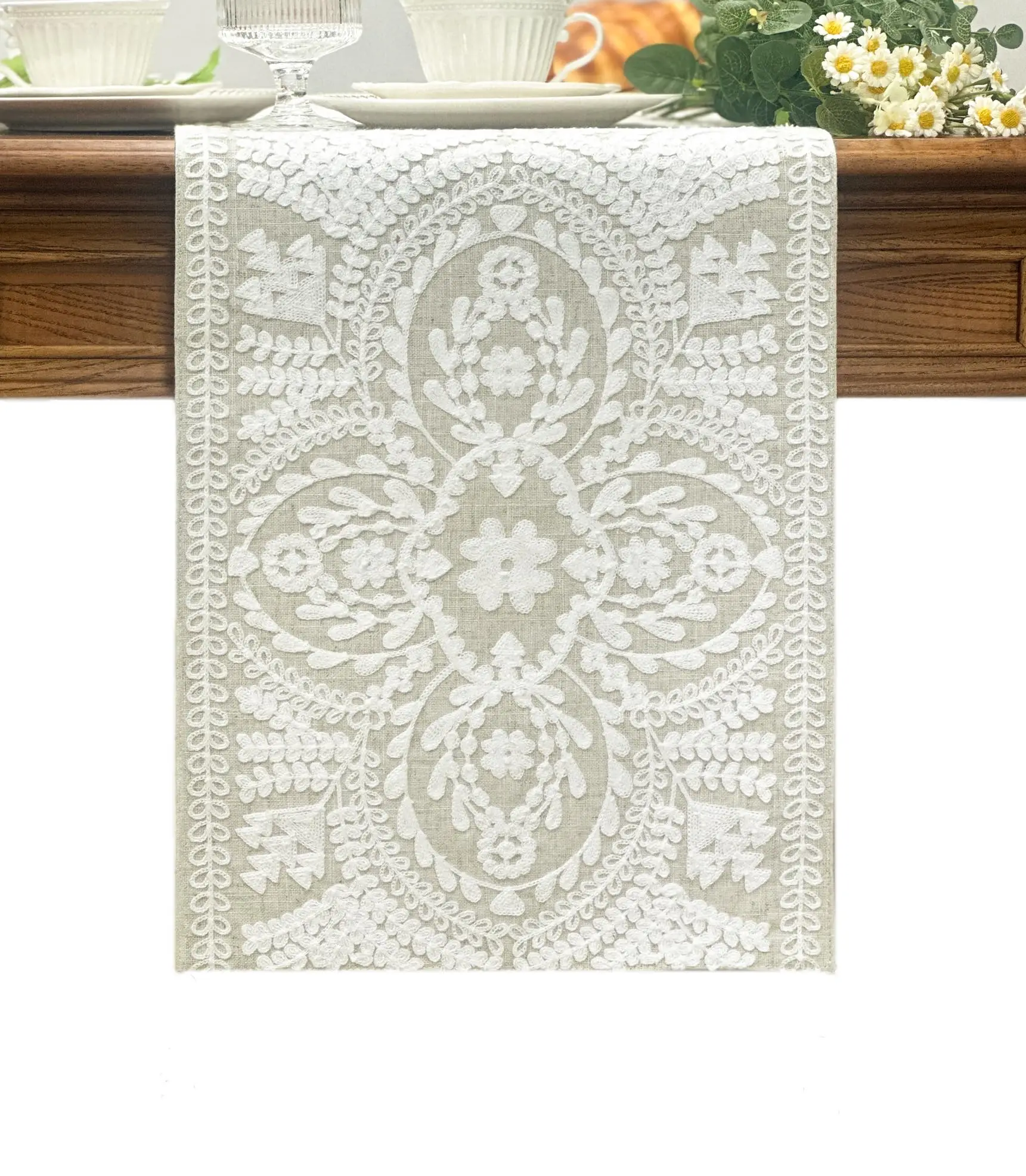 

Boho Table Runner Farmhouse Linen Table Runner, Rustic Vintage White Embroidered Table Runners for Dining Table Decorations