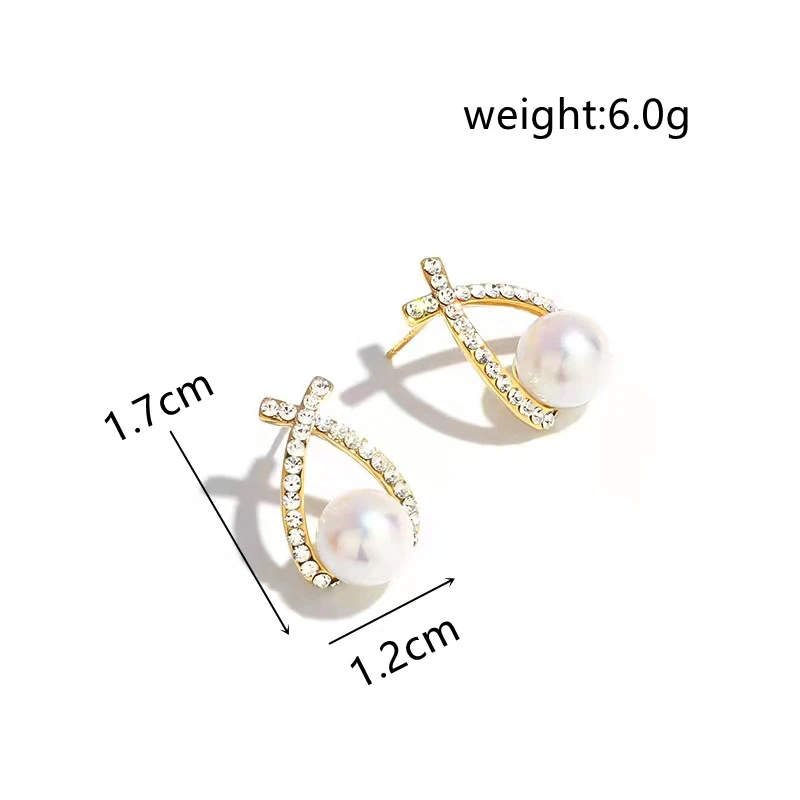 New Inlaid Rhinestone Pearl Stud Earrings for Women Personality Fashion Unique Cross Ear Wedding Jewelry Birthday Gift