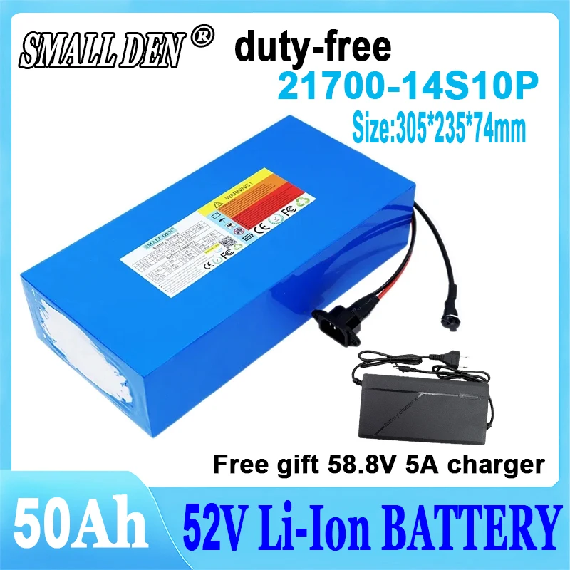 New 52V 50AH lithium battery pack 21700 14S10P 0-2500W motor with built-in BMS scooter bicycle rechargeable battery+5A charger