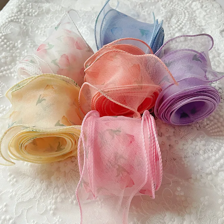 35Meters Organza Wave Ribbon Flower Printed Gauze Tape For Handmade Hair Bow Jewelry Material 55mm Width