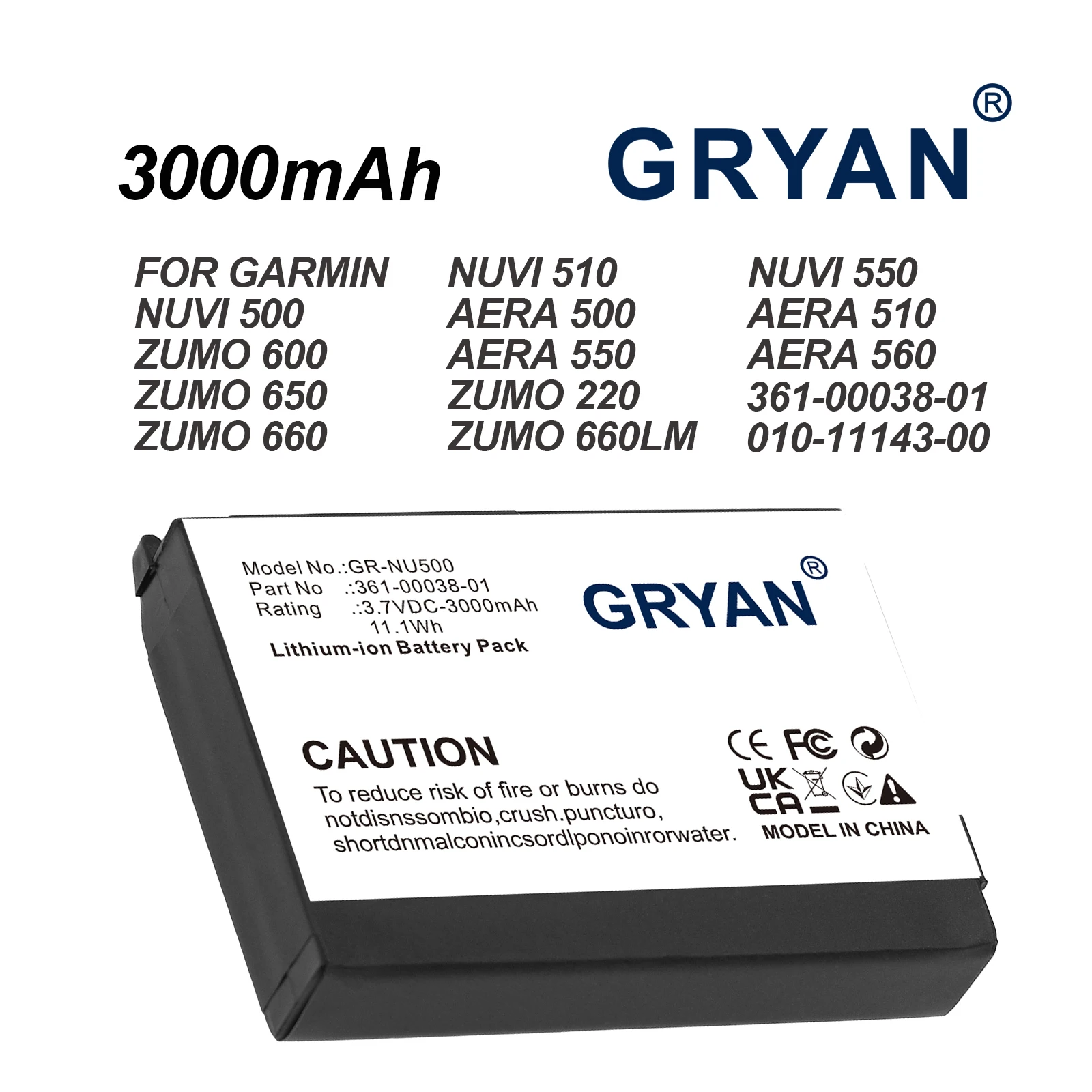 GRYAN GPS, Navigator 3000mAh /11.1Wh Battery For Garmin 010-11143-00 361-00038-01 Nuvi 500 Aera 510 Zumo 220 550 600 650 660