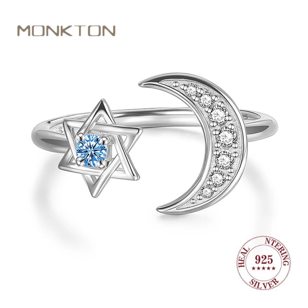 

Monkton S925 Sterling Silver Moon and Hexagonal Star Rings for Women Opening Adjustable Star of David Wedding Jewelry Gift