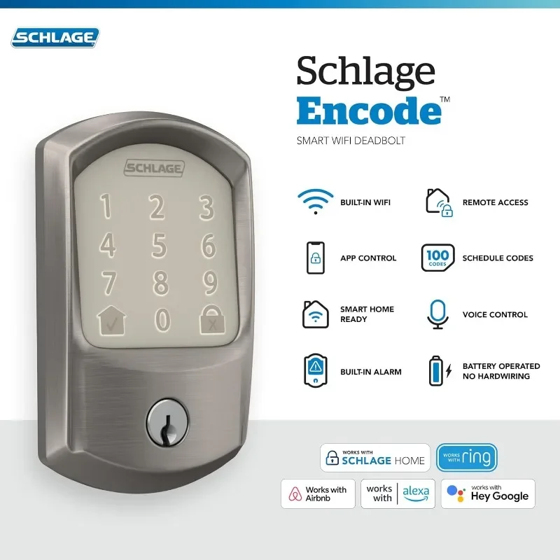 Schlage BE489WB GRW 619 Encode WiFi Deadbolt Smart Lock, Keyless Entry Touchscreen Door Lock with Greenwich Trim, Satin Nickel