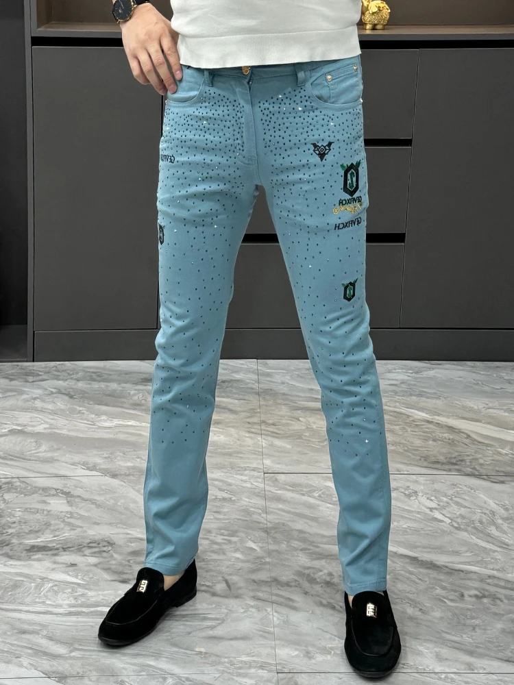 

Fashionable Embroidered Slim Fit Jeans Men's Spring Summer Trendy Diamond Straight Leg Pants Korean Style Youth Casual Denim