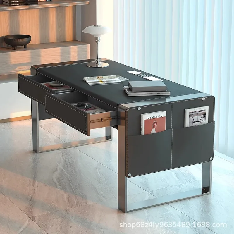 Italian light luxury saddle leather desk home high-end workbench bedroom designer study minimalist office computer desk
