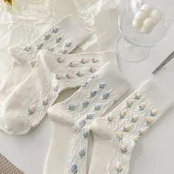 Chaussettes mi-mollet à fleurs pour femmes, tube fin, étudiants, mignon, doux, printemps, été