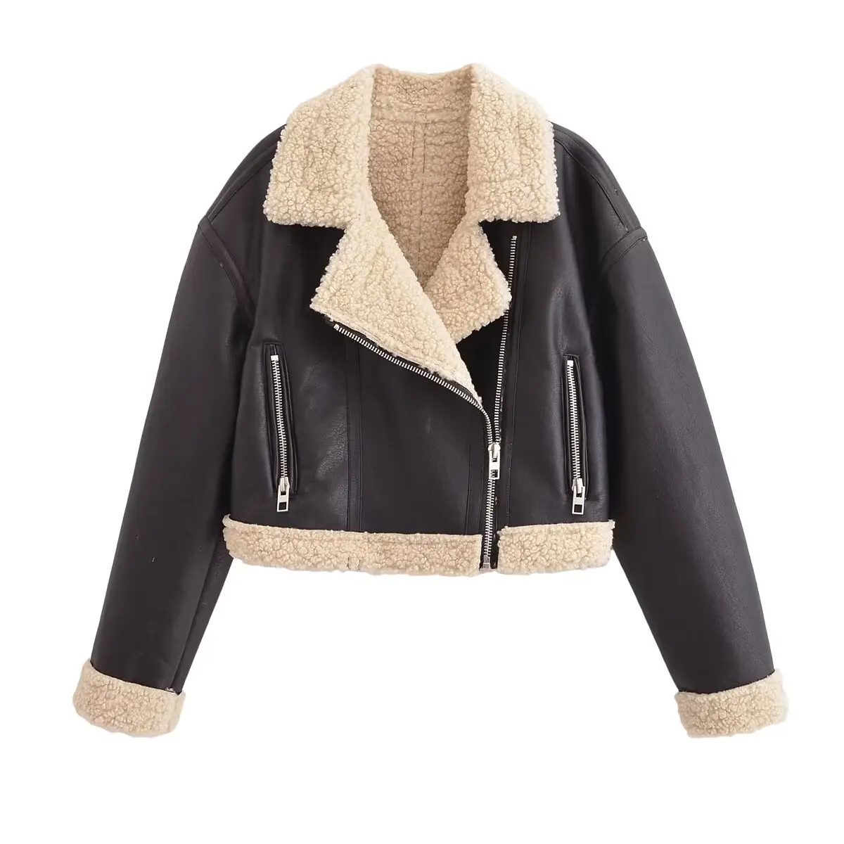 2024 autumn new women\'s long sleeved lapel jacket with fur integrated lamb wool warm motorcycle jacket