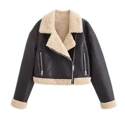 2024 autumn new women's long sleeved lapel jacket with fur integrated lamb wool warm motorcycle jacket