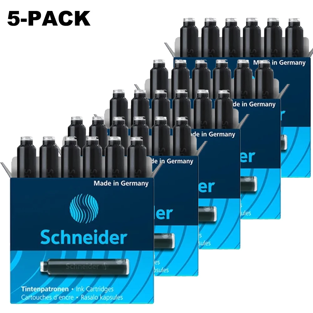 

Pack of 5 - Schneider Fountain Pen Ink Cartridges Refills Black/Blue/Red International Standard Size Original Smooth Inks